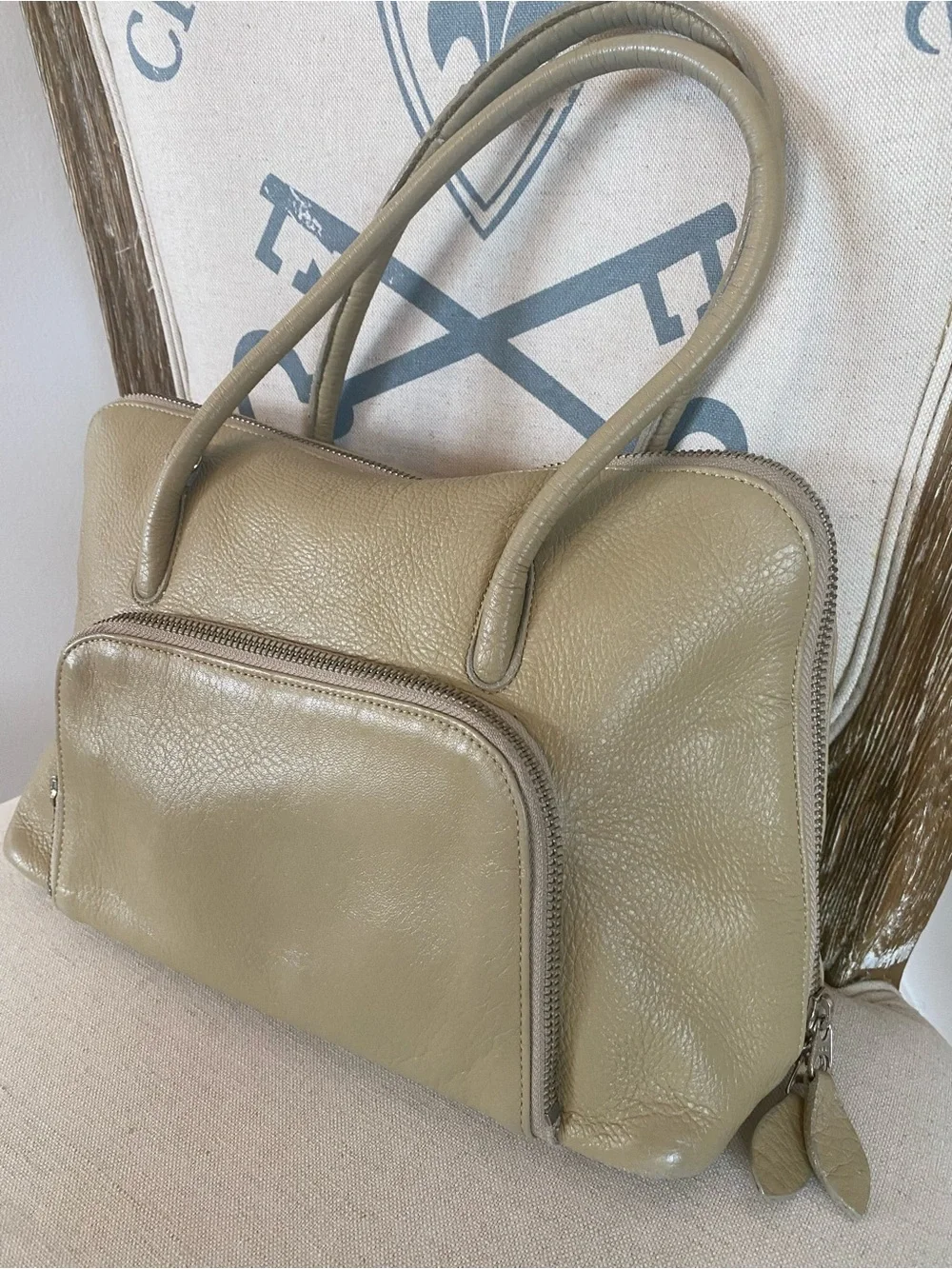 Japanese Vintage Beige Leather Tote Handbag - Neutral Leather Satchel - staple